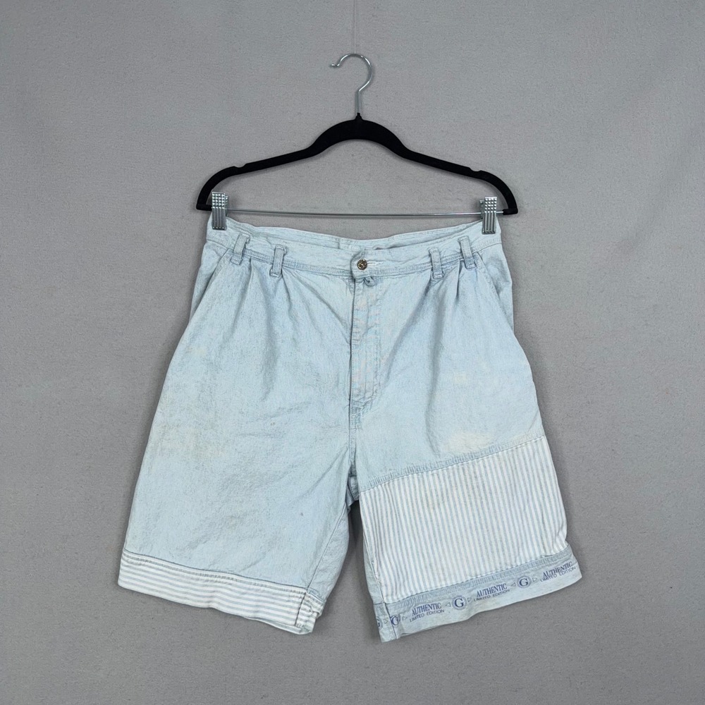 Vintage Gitano Denim Shorts Mens 32 Blue Striped Patchwork Faded Retro 90s